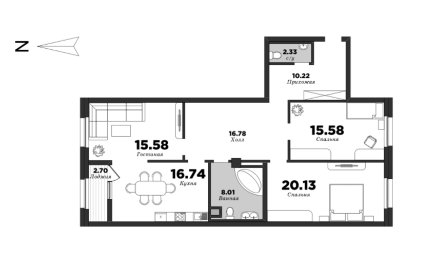 NEVA HAUS, Корпус 1, 3 спальни, 106.72 м² | планировка элитных квартир Санкт-Петербурга | М16